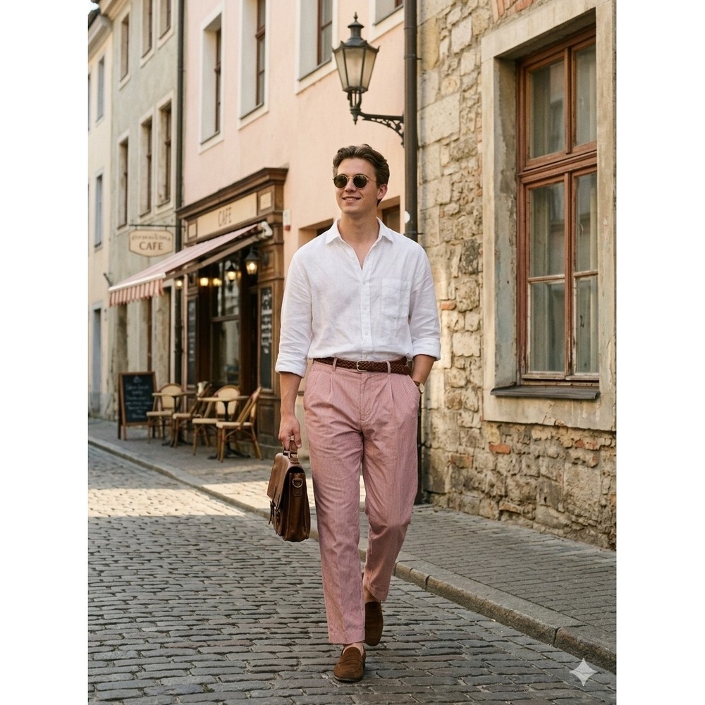 Bullock & Jones Seersucker Pants Mens 36 Red White Pleated‎ Bossi Italy